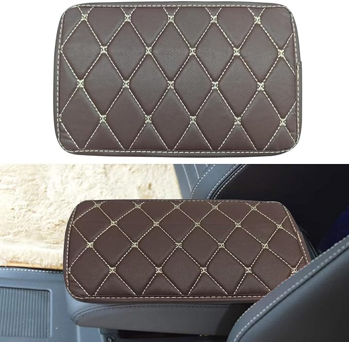 Leather Center Console Cover for Cars, Waterproof Arm Rest Box Protective Cover Car Center Console Cushion Pad, Universal Middle Console Armrest Pad Cover for Most Vehicles (Coffee/Beige)