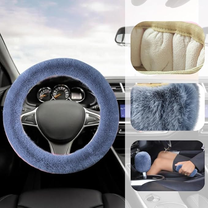 Fluffy Steering Wheel Cover, Winter Warm, Suitable for Most Car Steering Wheels in The 14-15 Inch Range (Gray, 3PCS)