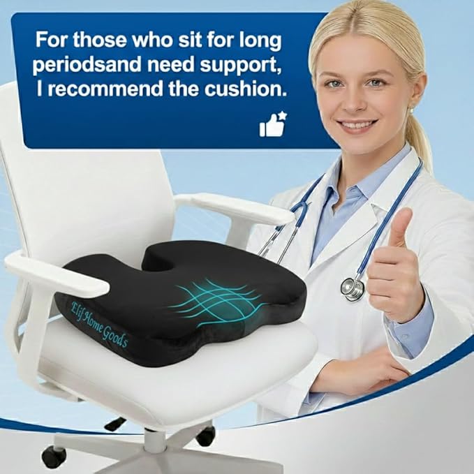 Velvet Seat Cushion Pillow for Office Chair - Memory Foam Pad for Tailbone, Sciatica, Lower Back Pain Relief, Ergonomic and Non-Slip, Machine Washable Cover (Velvet, Black)