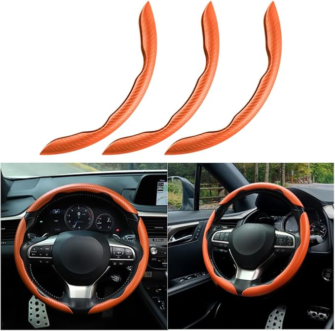 Mandark 3PCS Carbon Fiber Car Steering Wheel Cover, Anti-Skid Leather Vehicle Segmented Steer Wheel Protector, Auto Interior Protection Guard Accessories, Universal for Most Cars (Orange)