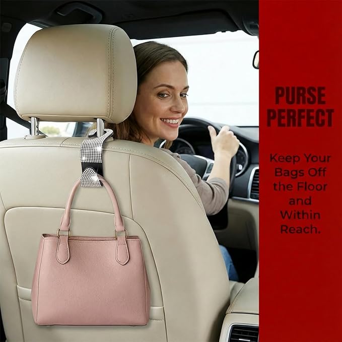 4PCS Bling Car Seat Headrest Hooks, Crystal Rhinestone Vehicle Back Seat Hanger Holder, Auto Interior Headrest Hanging Storage Organizer for Purse Handbag Coat, Universal Fit (Pink)