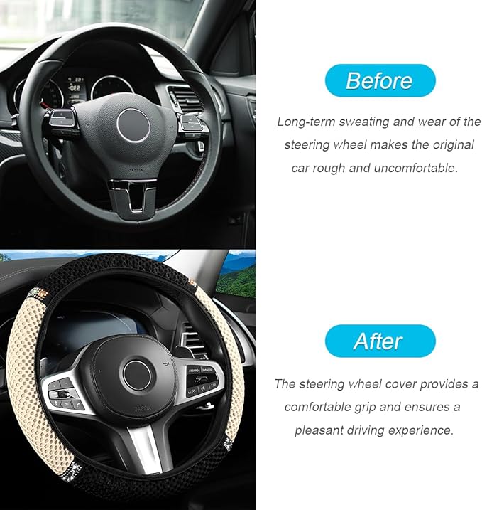 Bling Car Steering Wheel Cover, 15 Inch Crystal Rhinestones Elastic Stretch Breathable Vehicle Steering Wheel Protector for Women Girls, Universal Auto Interior Accessories (Black Beige)