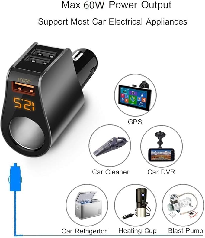 LIHAN 3 USB Car Charger, QC3.0 Output, Cigarette Lighter Adapter, 12V/24V Outlet Plug, Voltage Meter, Compatible for iPhone,iPad, Samsung, USB Charging Devices