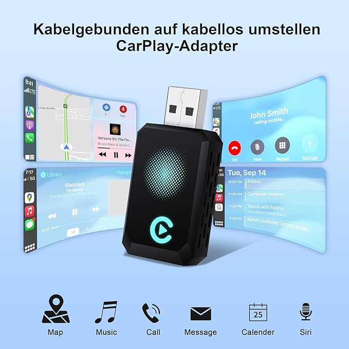 Wireless Carplay Adapter, Convert Wired to Wireless CarPlay, Compatible with CarPlay, Plug and Play, Type-C/USB, Suitable for 800+ Vehicles (Blue)