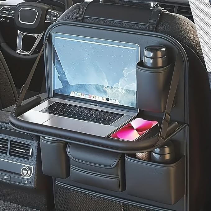 Car Backseat Organizer with Foldable Table Tray - Universal Auto Seat Back Organizer with Tablet Holder, Kick Mats Protector, Storage Pockets for SUV Sedan