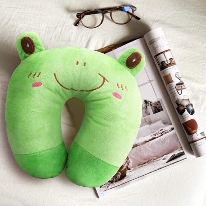 Travel Pillow for Kids, Cute Animal Neck Pillow Support U Shaped Cushion Plush Soft Rest Reading Pillows Sleeping Pillows for Airplane Train Car (Color:Frog)