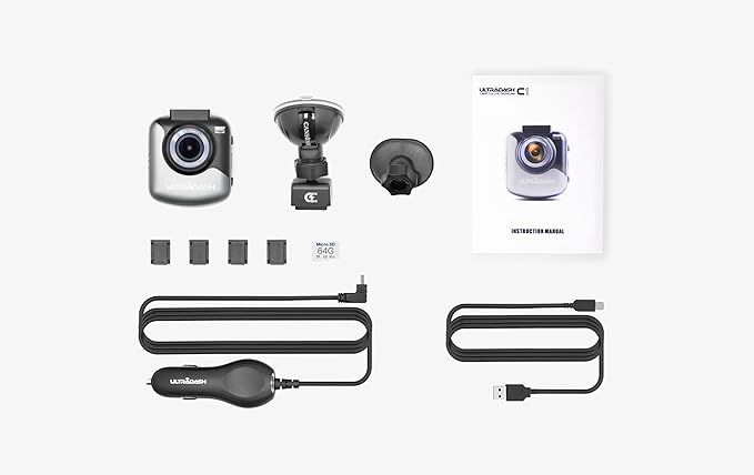 Dash Cam UltraDash C1 + 64GB High Endurance Micro SD Card Bundle - Magnetic Charging Mount, HDR High-end Night Image Sensor, F1.8 140 Degree Wide Angle Lens, G-Sensor, 2" LCD, Super Capacitor