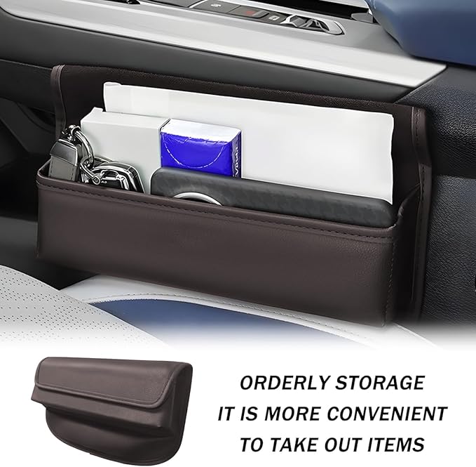 Car Seat Gap Filler Organizer, Leather Vehicle Side Seat Gap Storage Box with Lid for Phone Key Card, L-Capacity Auto Interior Organization, Universal for SUV Sedan Truck (Brown)