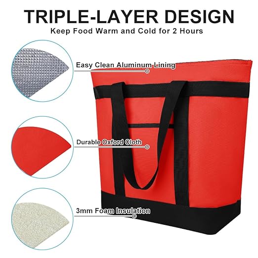 CIVJET Insulated Reusable Tote Bag for Grocery Shopping for Women, Pizza/Food Delivery Bag to Keep Food Cold/Hot for Commercial Food Transport, Cooler bags for Travel/Beach/Picnic, Non-Waterproof, Red