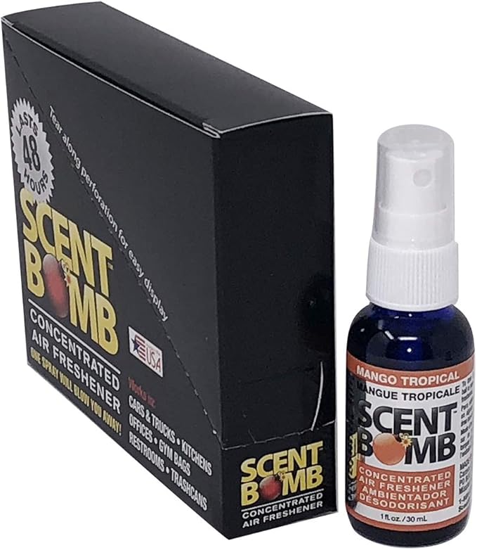Scent Bomb Air Freshener Spray, Long-Lasting Odor Eliminator - Effective Deodorizer for Home & Car, Fresh Room Spray for Kitchen, Bathroom & Smell Neutralizer - 1 oz Pack of 4, Mango Tropical Scent