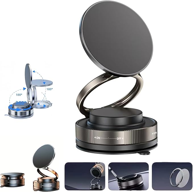 Vacuum Magnetic Car Phone Holder 361° Adjustable Foldable Portable Magnetic Phone Holder for Car for Car/Gym/Mirror/Smooth Surface Suction Cup Phone Mount Compatible for All Smartphones (Black)