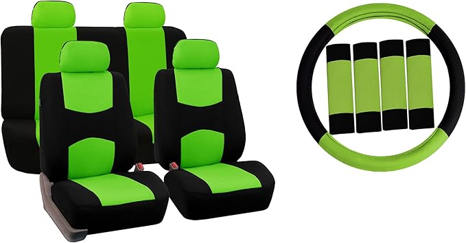 FH Group Car Seat Covers Flat Cloth Automotive Green Full Set, Rear Solid Bench Universal Fit Combo Steering Wheel Cover & Seat Belt Pads Car Seat Protector for Cars Trucks SUV Interior Accessories