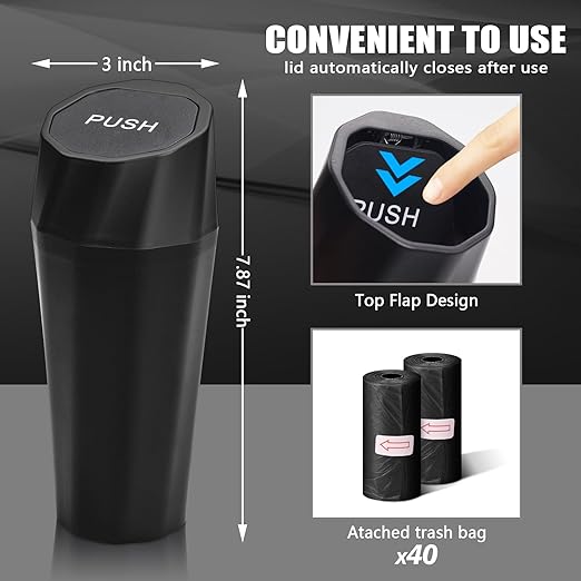 Car Trash Can Bin with Lid - 2 Packs Car Garbage Can with 40pcs Trash Bags for Cup Holder - Black Leakproof Mini Car Trash Bin for SUV Truck - Small Car Organizers and Storage for Door Front Back Seat