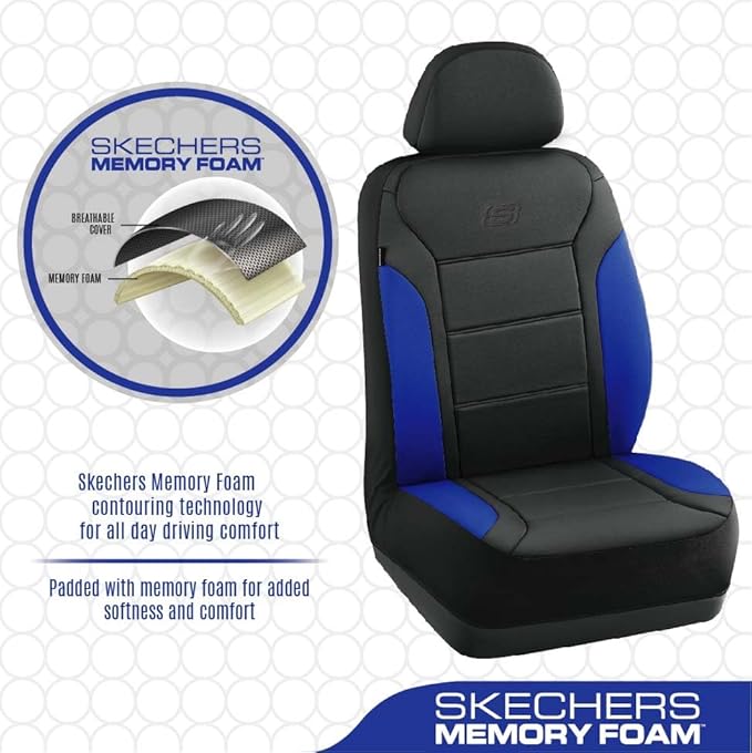 Skechers Memory Foam Car Seat Covers, Lycra Fabric Seat Covers, Car Seat Covers Front Seats Airbag Compatible, Automotive Comfort Protection for Most Cars,Trucks, SUVs,Blue