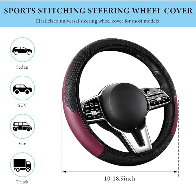 Car Steering Wheel Cover, 15 Inch Anti-Slip Stretch Leather Steering Wheel Protector, Comfortable Breathable Sporty Steering Wheel Cover for Women Men, Car Accessories (Wine Red, AD)