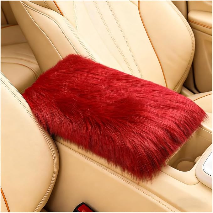 Car Center Console Cover, Fluffy Soft Vehicle Middle Console Arm Rest Cushion Pad, Furry Automotive Interior Armrest Seat Box Protector Decoration Accessories, Universal Fit (Red)