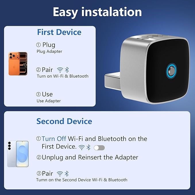Wireless CarPlay Adapter & Android Auto Dongle, One Click Multi Device Switching Seamless Connection, Compact Size, Plug & Play Wireless CarPlay Converter for iPhone & Android, USB/USB-C, No Delay