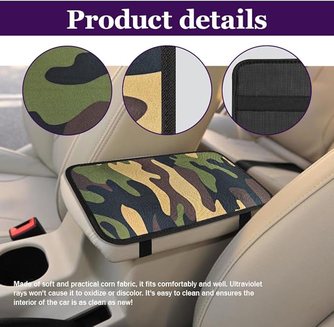 Leopard Cheetah Print African Animal Hunting Auto Center Console Armrest Pad, Car Center Console Cover, Auto Accessories Soft Comfort Armrest Cover Cushion Mat for Most Cars (Green Camouflage)