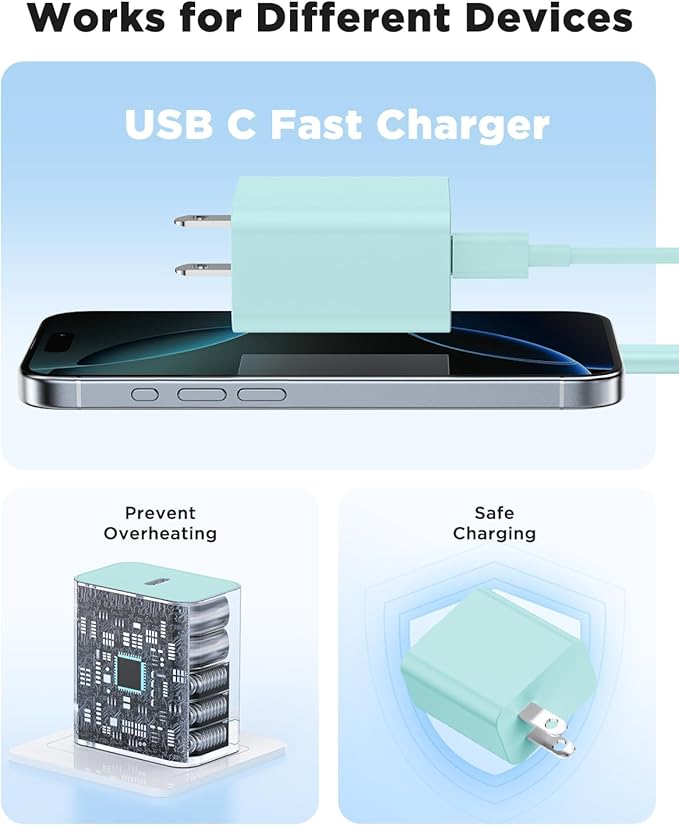 45W iPhone 16 15 Pro Max Charger Fast Charging 6FT/10 FT/10FT, Super Fast USB C Charger Block with Extra Long Type C Charging Cable, PD Quick Adapter 3.0 for iPhone 16 15/16e 15Pro/16 15 Plus-Green
