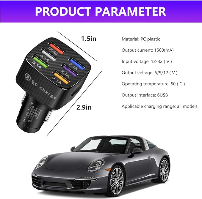 Augeny Car Charger Adapter, 6 USB Multi Port Fast Charger, Include QC 3.0 and 5 Other Ports, Auto Quick Charging Adapter for Most Cell Phones, Interior Car Accessories for SUV Truck (Black)