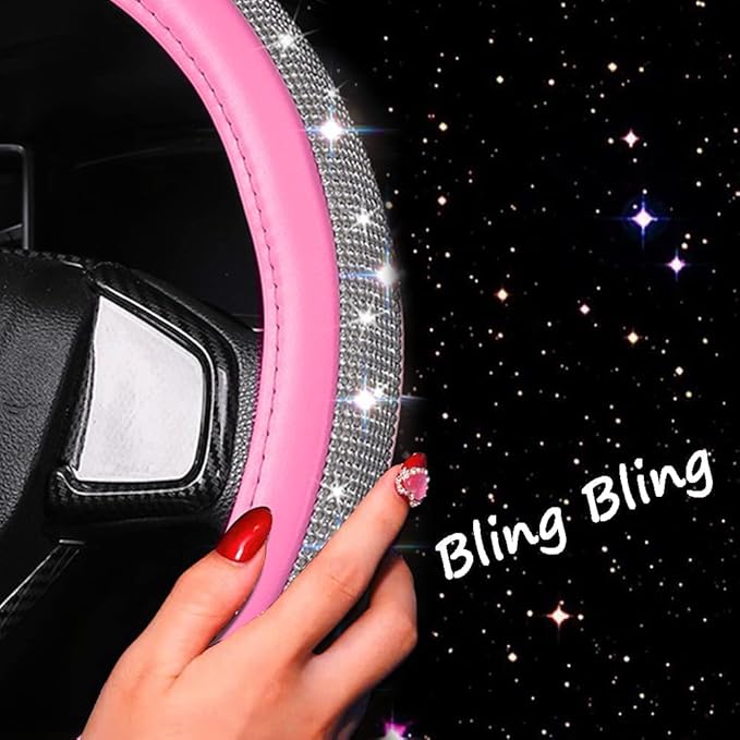 Bling Diamond Leather Steering Wheel Cover for Women Girls with Crystal Rhinestones, Universal Fit 14.5-15 Inch Car Steering Wheel Cover Accessories