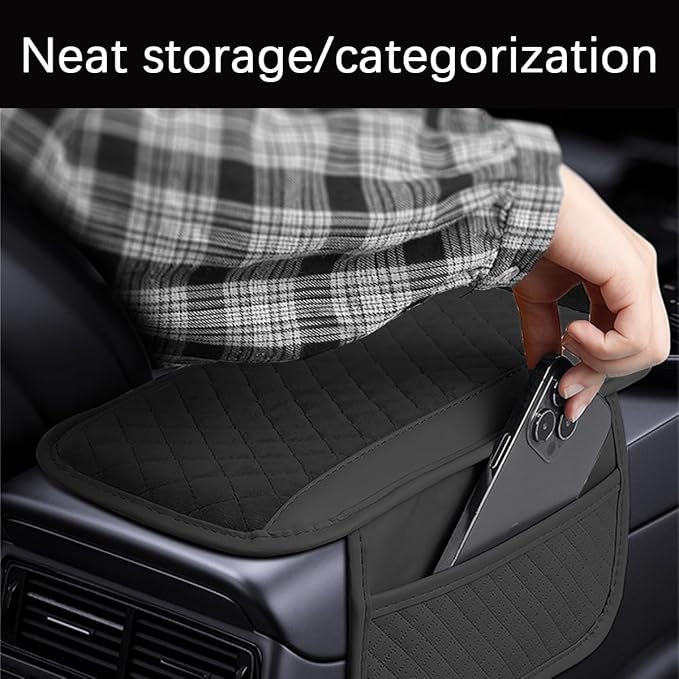 Car Center Console Cover, Leather Vehicle Armrest Cushion Pad with 2 Storage Bags, Auto Interior Middle Console Storage Box Protector Accessories, Universal for SUV, Sedan, Truck (Black)