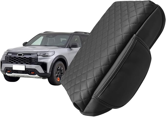 Center Console Armrest Cover Compatible with Ford Explorer 2020-2024 Leather Arm Rest Lid Protector Cushion Pad with Side Pockets Interior Accessories Prevent Scratching Black