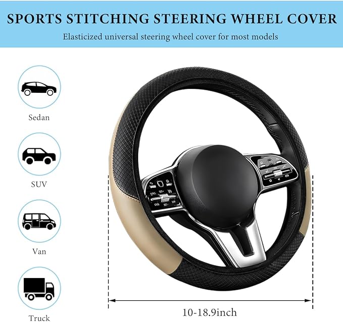 Car Steering Wheel Cover, 15 Inch Anti-Slip Stretch Leather Steering Wheel Protector, Comfortable Breathable Sporty Steering Wheel Cover for Women Men, Car Accessories (Beige, AD)