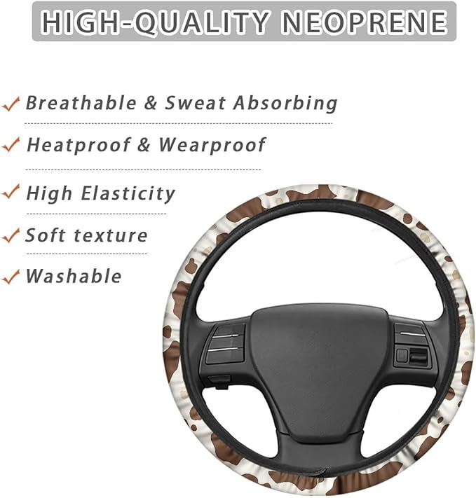 AFPANQZ Elastic Steering Wheel Cover, Brown Cow Pattern Non-Slip Steering Wheel Protective Covers, Women Men Car Accessories Universal 15 Inch Fit Auto, Suvs, Truck