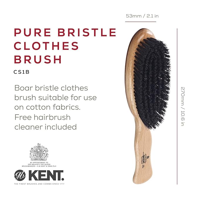 Kent CS1B Clothes Brush, Fabric Lint Remover for Cotton, Wool, Suede and Silk, Pure Black Bristles Handcrafted Two Tone Cherrywood Veneer Remover for Dust, Fluff and pet Hair. Made in England