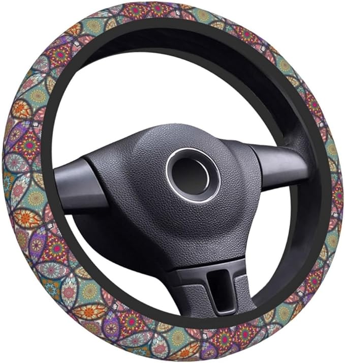 Elastic Steering Wheel Cover Car Accessories Cute Universal 15 Inch Absorbing Sweat Non-Slip Breathable for Woman - Colorful Mandala