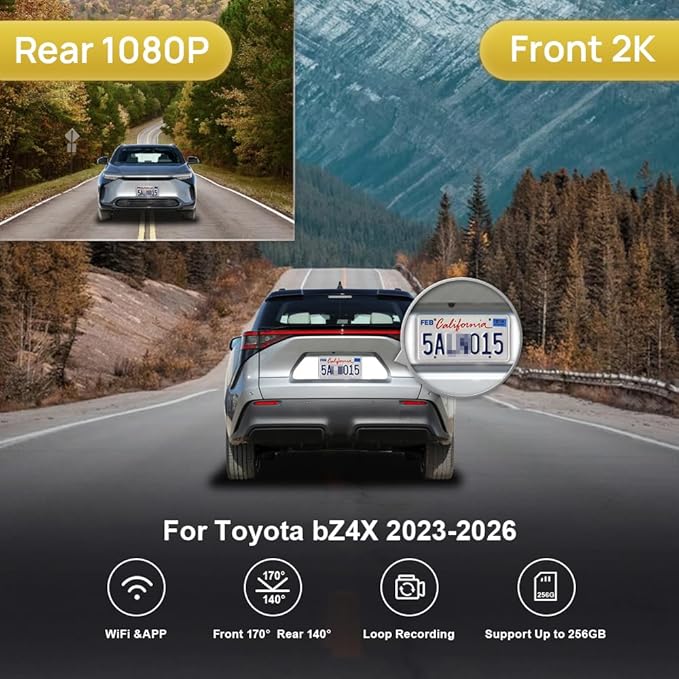 Fitcamx Front 2K+Rear 1080P Dash Cam Adapts for Toyota bZ4X 2023-2026 XLE Plus Limited Nightshade, Integrated OEM Look, Dual HD Video, WiFi & APP, Loop Recording, G-Sensor, Easy to Set, 64GB Card