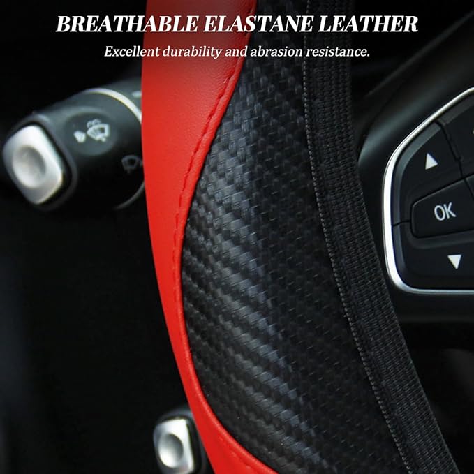Car Steering Wheel Cover, Elastic Anti-Slip Microfiber PU Leather Auto Steering Wheel Protector, Comfortable Vehicle Interior Protective Accessories, Universal for RV, SUV, Truck (Black/Red)