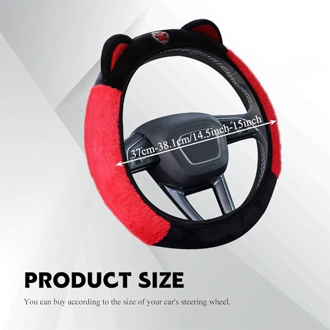 Car Steering Wheel Cover, 15 Inch Fluffy Soft Plush Auto Protector, Anti-Slip Elastic Lovely Car Cover Accessories with Kitty Cat Ears Universal for Most Vehicles (Fluffy-Black+Red)