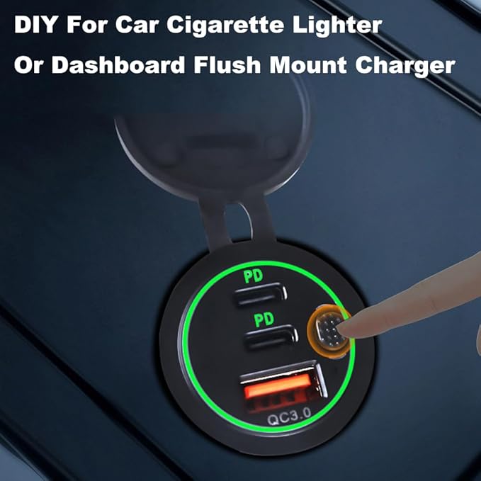3 Ports 18W USB Car Charger with Switch, 12-24V QC 3.0 USB & Dual PD USB C Cigarette Lighter Socket, Waterproof Dashboard Mount Quick Charger for Car Motorcycle Truck Marine Boat, Green Light