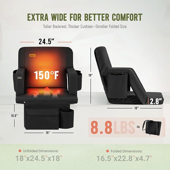 Overmont Heated Stadium Seat with Back Support – 3 Heat Levels, Dual-Zone Independent Control, 6-Position Recliner, Wide Cushion Dual Hooks Multiple Pockets – Bleacher Chair for Sport Camping Concerts