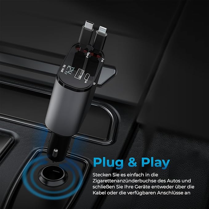 AutoSky 4-in-1 Retractable Fast Charger, for Cars: 100W Car USB-C & iPhone Cable, USB-C/A Ports - Compatible with iPhone, Galaxy, Pixel and More.