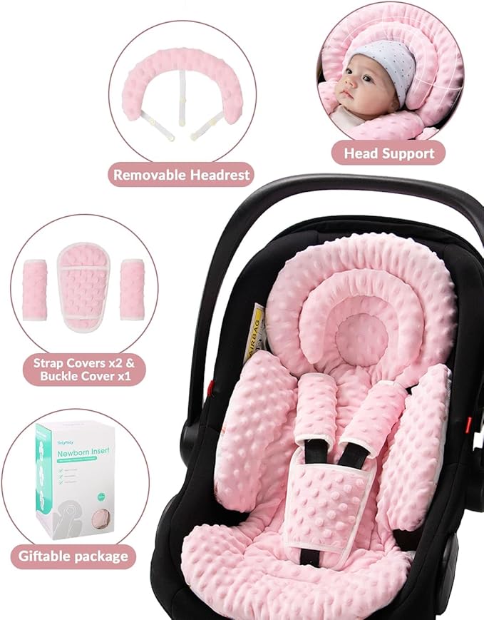Infant Car Seat Insert with Extra Cushion for Preemie to Toddler, Reversible Newborn Carseat Insert for Baby Head Body Support, Fits for Stroller, Baby Swing, Bouncer - Dots, Pink