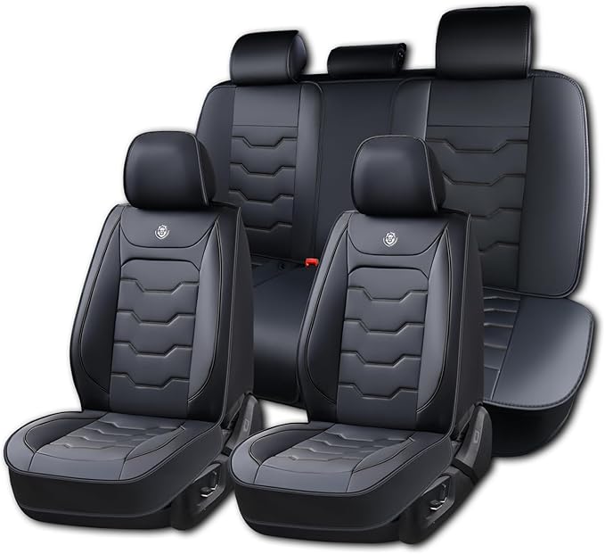 Black Car Seat Cover Full Set Kit, Universal Car Seat Cover for Car, Waterproof Leather, Protect & Upgrade Car Interior, Airbag Compatible, Easy to Install & Clean, For SUV, Pickup Truck, Sedan