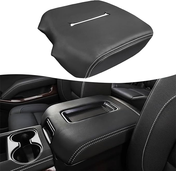 Center Console Cover Replacement for Chevy Silverado & GMC Sierra 1500 2500 3500 2014-2018, Vinyl Leather Upholstery, Anti-Scratch, Black-Gray Stitch (Fits Bucket Seat Console Only)