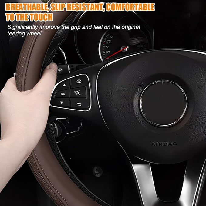 Car Steering Wheel Cover, 14.5-15" Breathable Soft Leather Vehicle Steering Wheel Protector with Anti-Slip Lining, Comfortable Auto Interior Decoration Accessories, Universal Fit (Coffee)