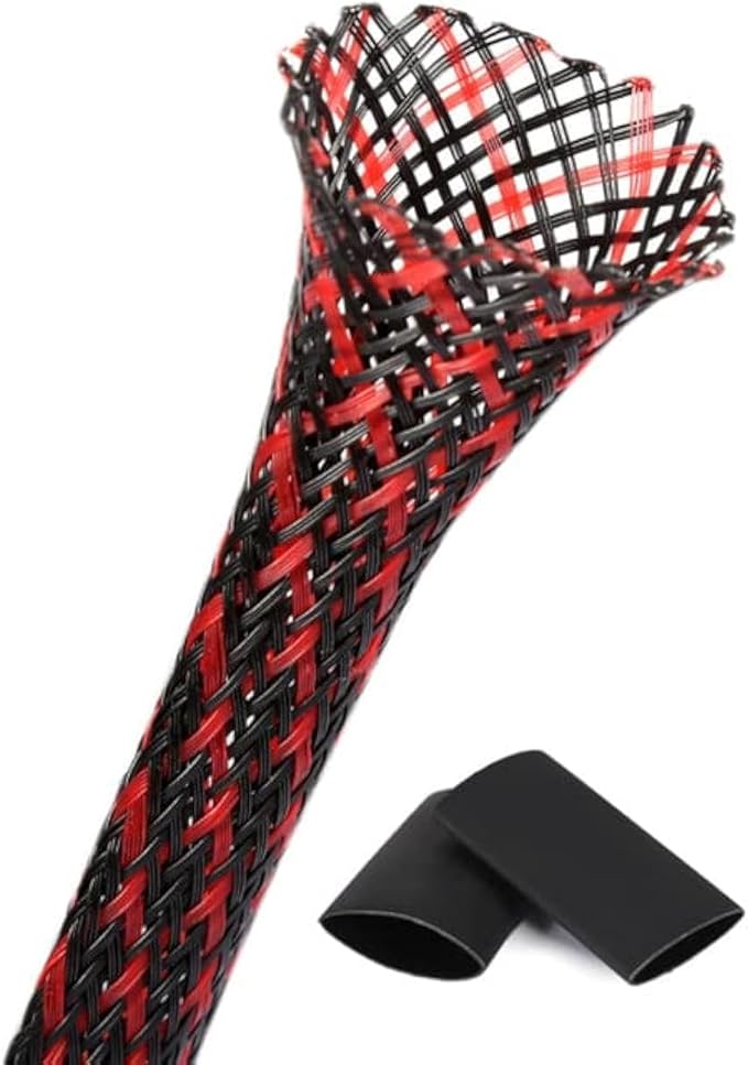 25ft - 3/4 Inch Cable Management Sleeve Protector,Wire Loom PET Expandable Wire Sleeving for Office TV Computer Home Theater Engine Bay Cord Organizer,Protect Cables from Pet Cat Dog Chewing,BlackRed