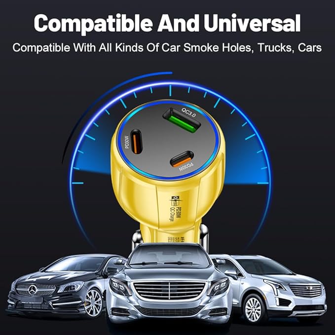 3-Port 90W USB C Car Charger, PD30W & QC3.0 Fast Car Charger Cigarette Lighter Plug Adapter for iPhone/Android/Samsung/iPad (Yellow)