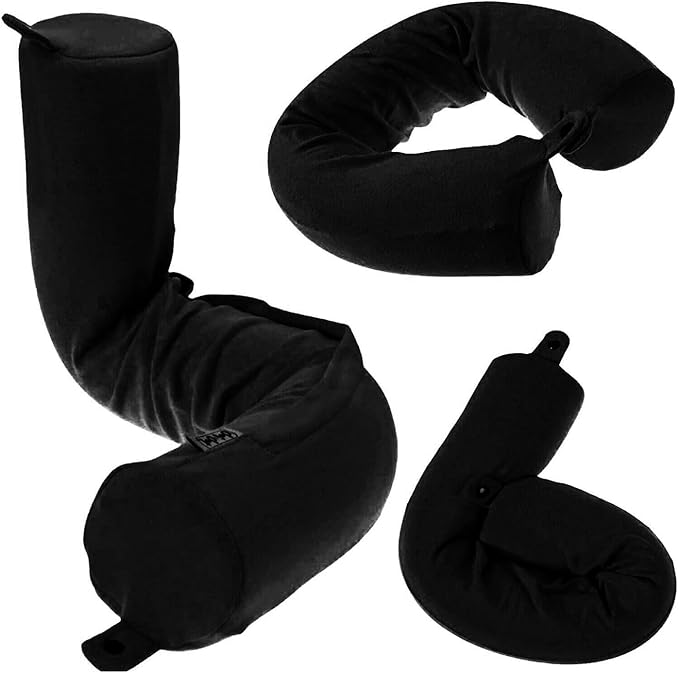 Dot&Dot Twist Memory Foam Travel Pillow for Airplanes - Travel Neck Pillow for Sleeping - Airplane Pillow for Neck Support, Chin, Lumbar and Leg - Adjustable, Bendable Neck Roll Pillow (Onyx)