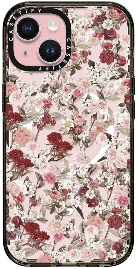 CASETiFY Impact Case for iPhone 15 [8.2ft 4X Military Grade Drop Protection/Compatible with Magsafe] - Vintage Flower Monday - Clear Black