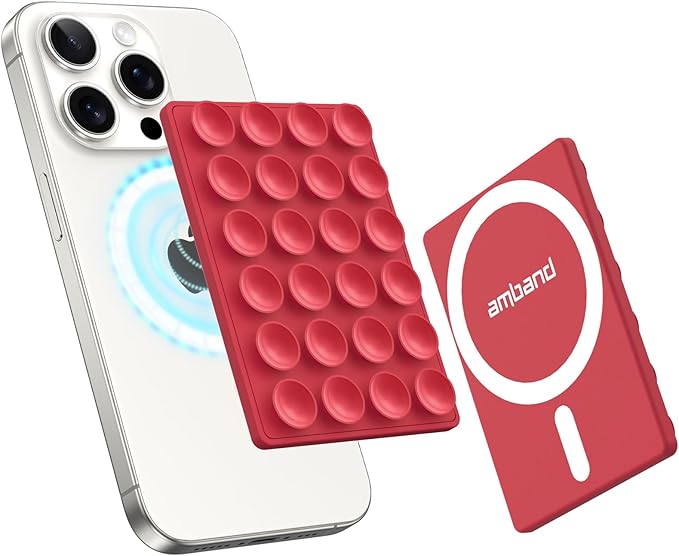 amBand Magnetic Sticky Phone Suction Grip for MagSafe, Removable for Wireless Charging, Durable Magnet Silicone Portable Mount Stand for iPhone 12 13 14 15 16 17, Hands-Free Video/Selfie, Cherry Red