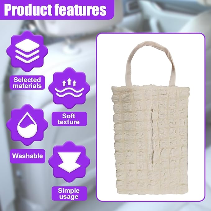 Car Tissue Holder, Soft Cute Auto Tissue Box Cover, Hanging Decorative Car Backseat Napkin Storage Bag, Universal Vehicle Interior Paper Organizer Accessories for Headrest(White)