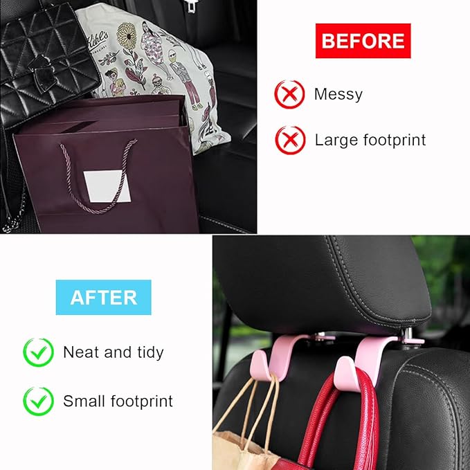 Ziciner Car Seat Headrest Hooks, 4 Pack Auto Durable Backseat Hangers Storage Organizer, Universal Vehicle Interior Holder Accessories for Purse, Grocery Bags, Handbag, Cloths ect (Pink)