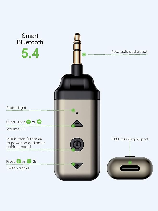 HVMLAK Air88 Bluetooth 5.4 Aux Adapter, 180° Swivel 3.5mm Jack Receiver for Car Home Stereo, Handsfree Calls, 12 Hours Battery, HiFi Sound, Solid Metal Case
