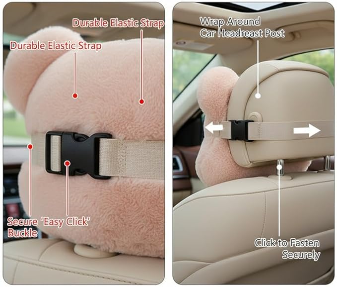 Cute Plush Bear Car Headrest & Lumbar Support Set, Soft Neck & Back Support Pillow for Comfortable Driving All Season
